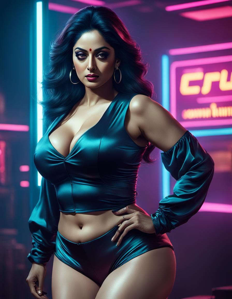 Curvy Indian Woman in Cyberpunk Neon Style