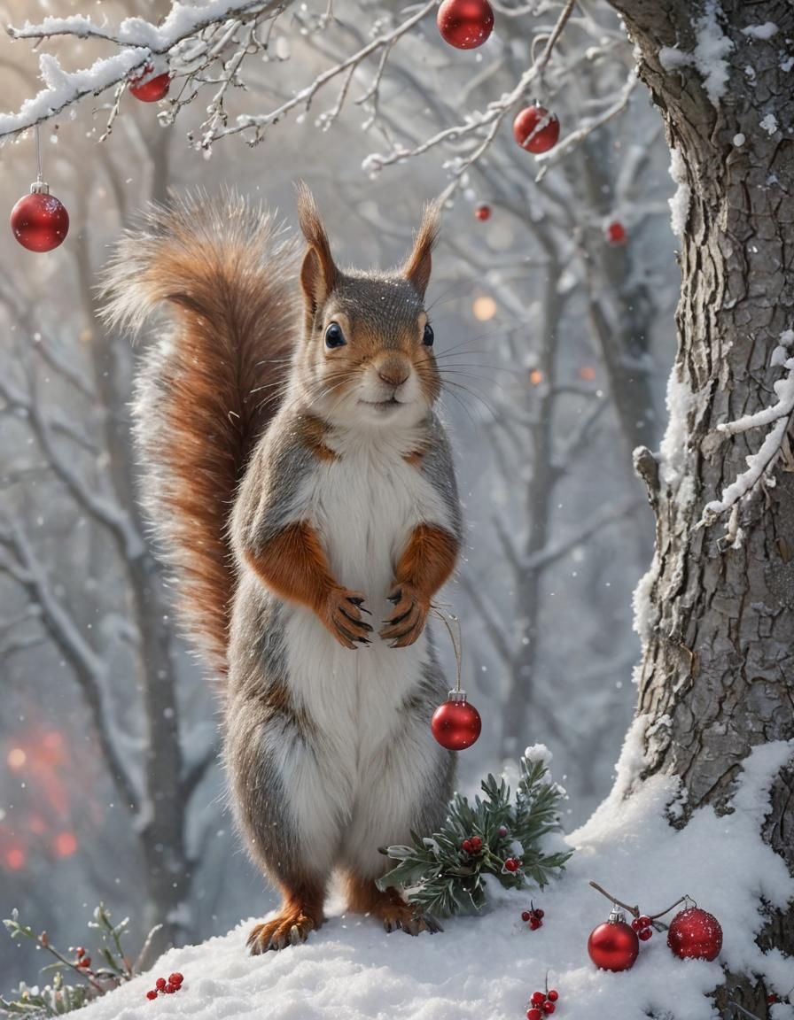 Red and Silver Squirrel in Winter Wonderland
