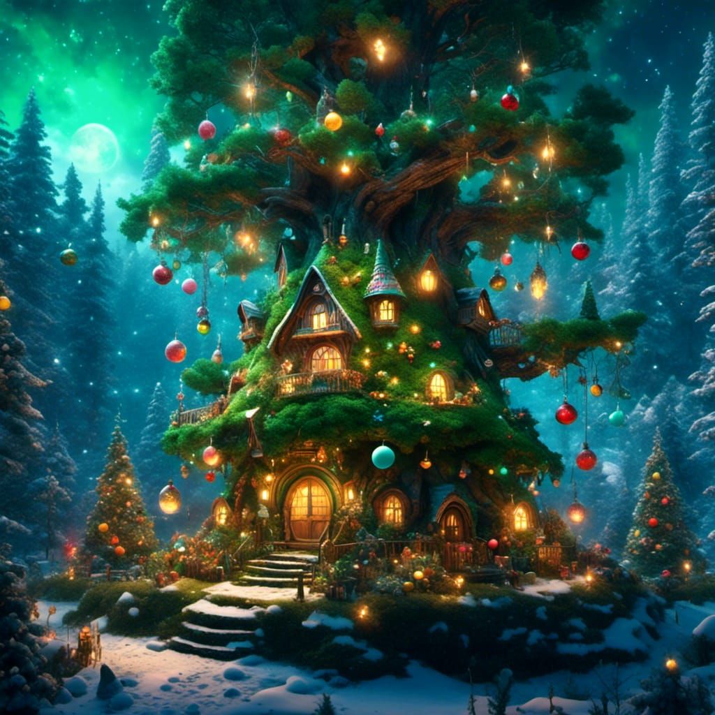 Magical Christmas Tree in Enchanted Forest: Anime Style