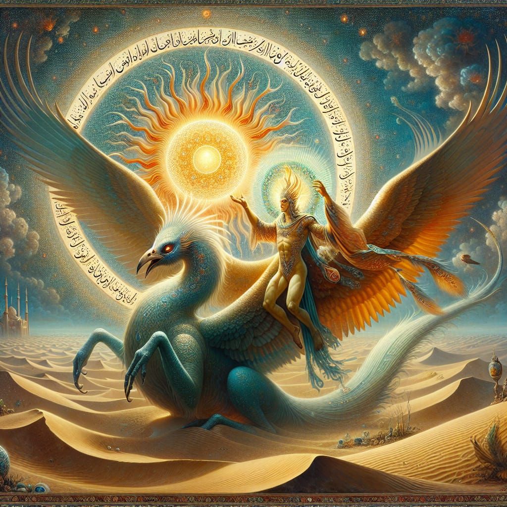 A djinn and a large rukh bird in the desert of Persia  with ...