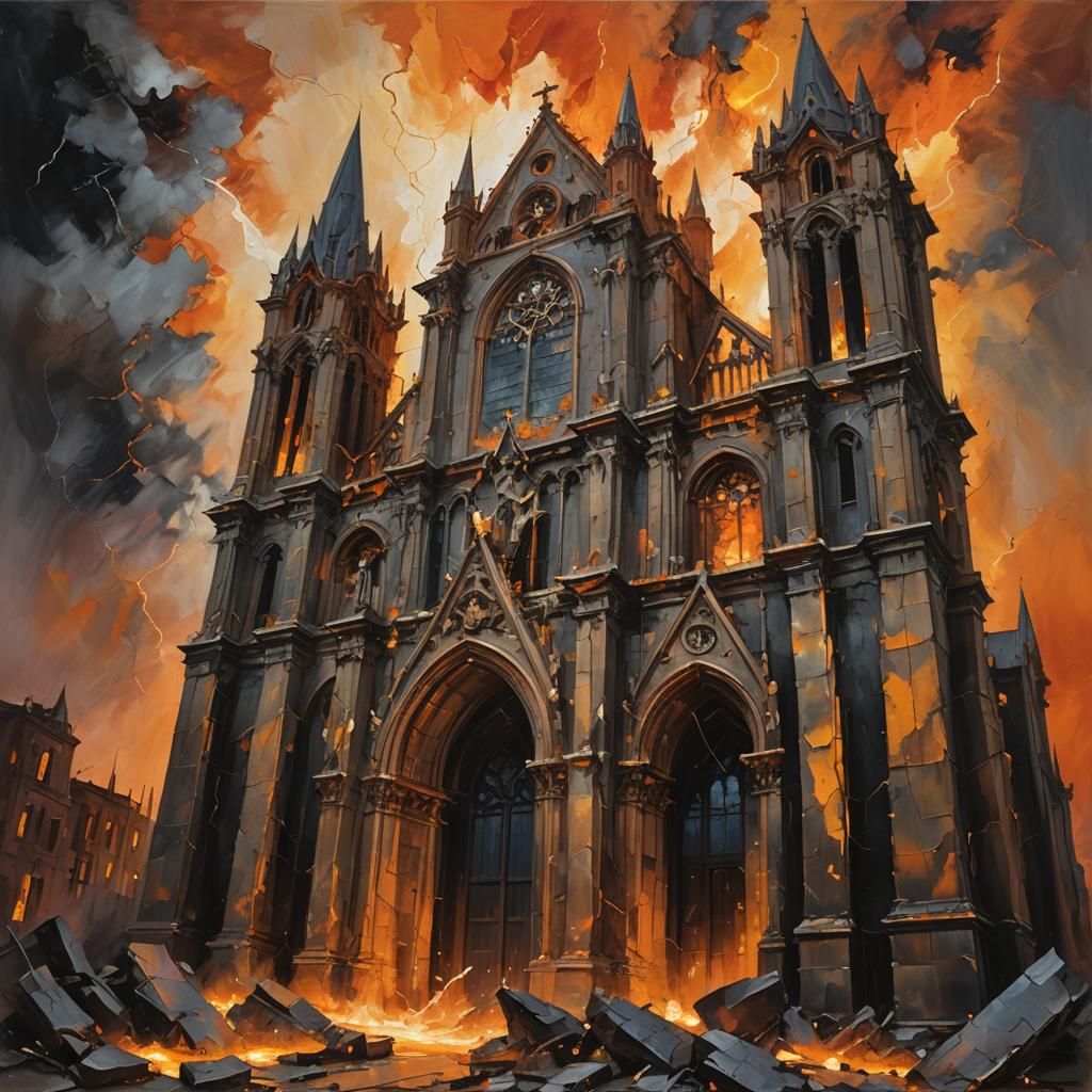 Ominous Cathedral Ruins in Abstract Expressionism Style