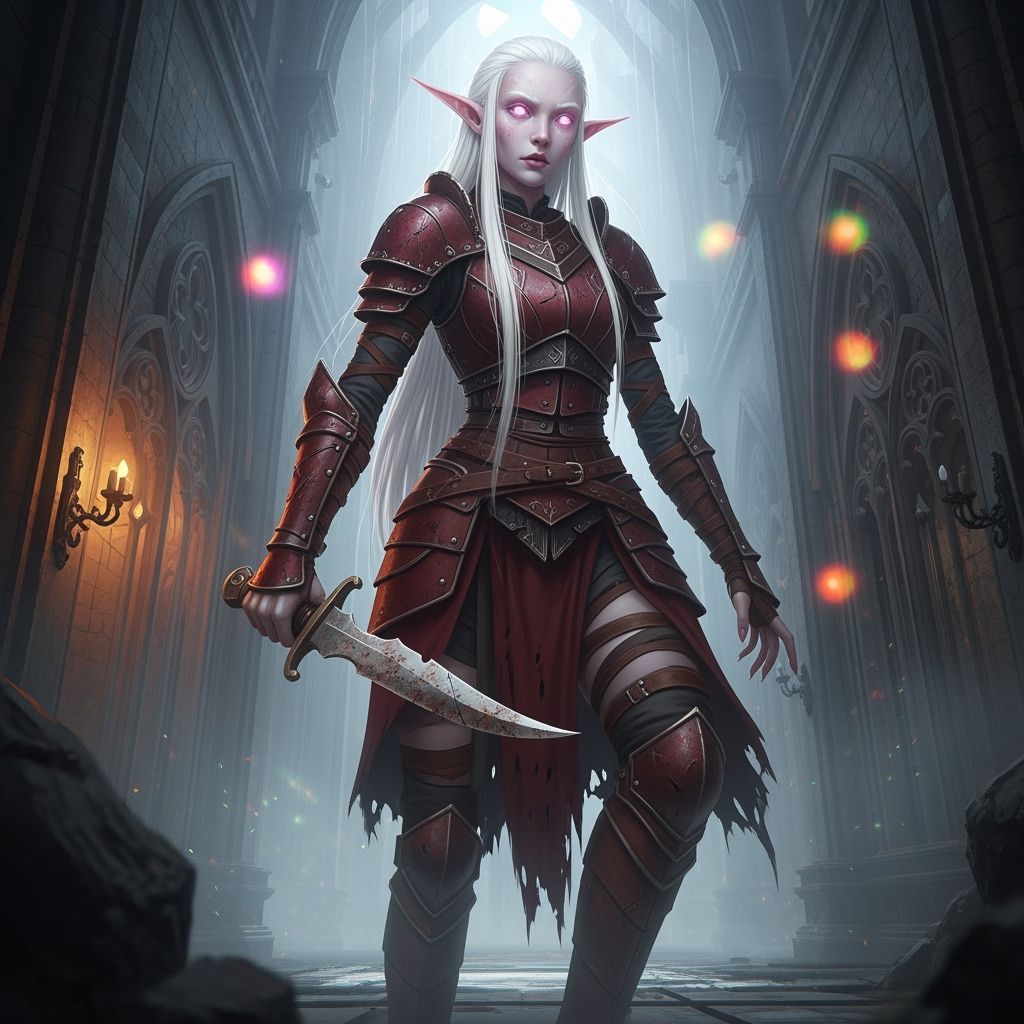 Albino Elf Warrior Seeks Escape from Mystical Corridor