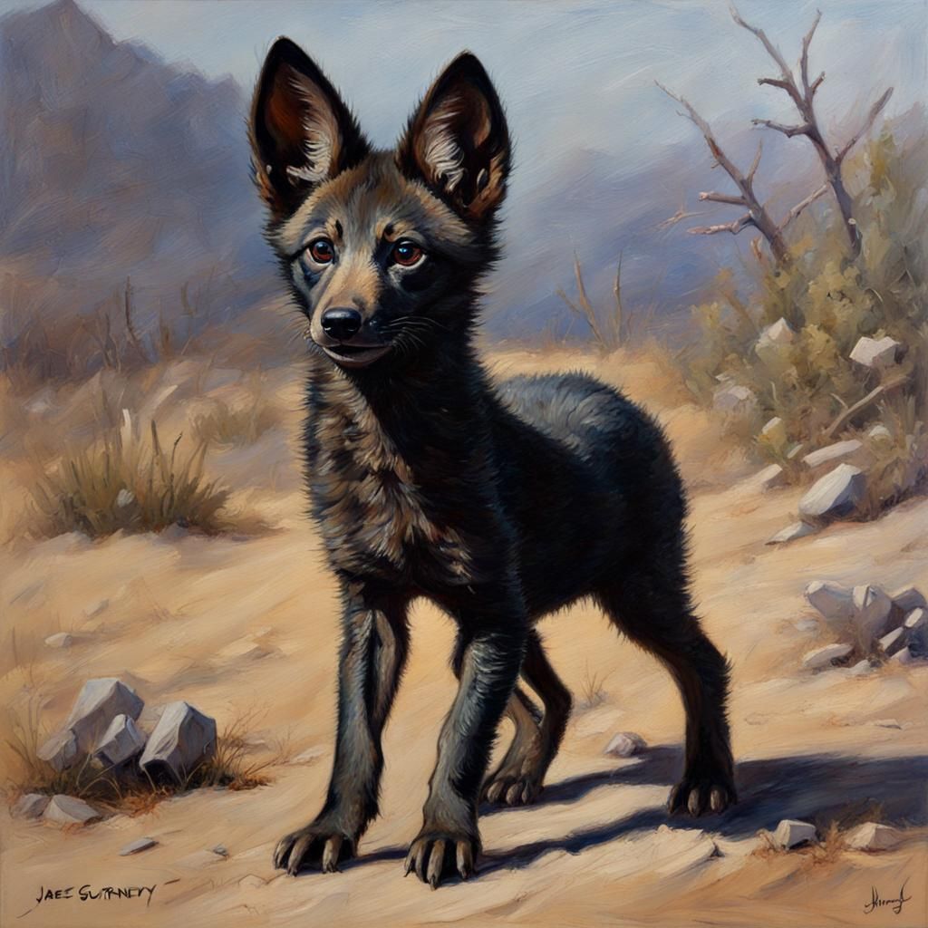 Black Coyote Pup as Oil Painting