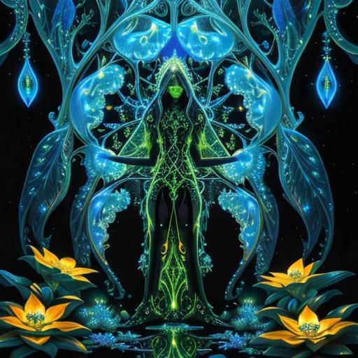 Bioluminescent Fractal Plants in a Galactic Night Sky