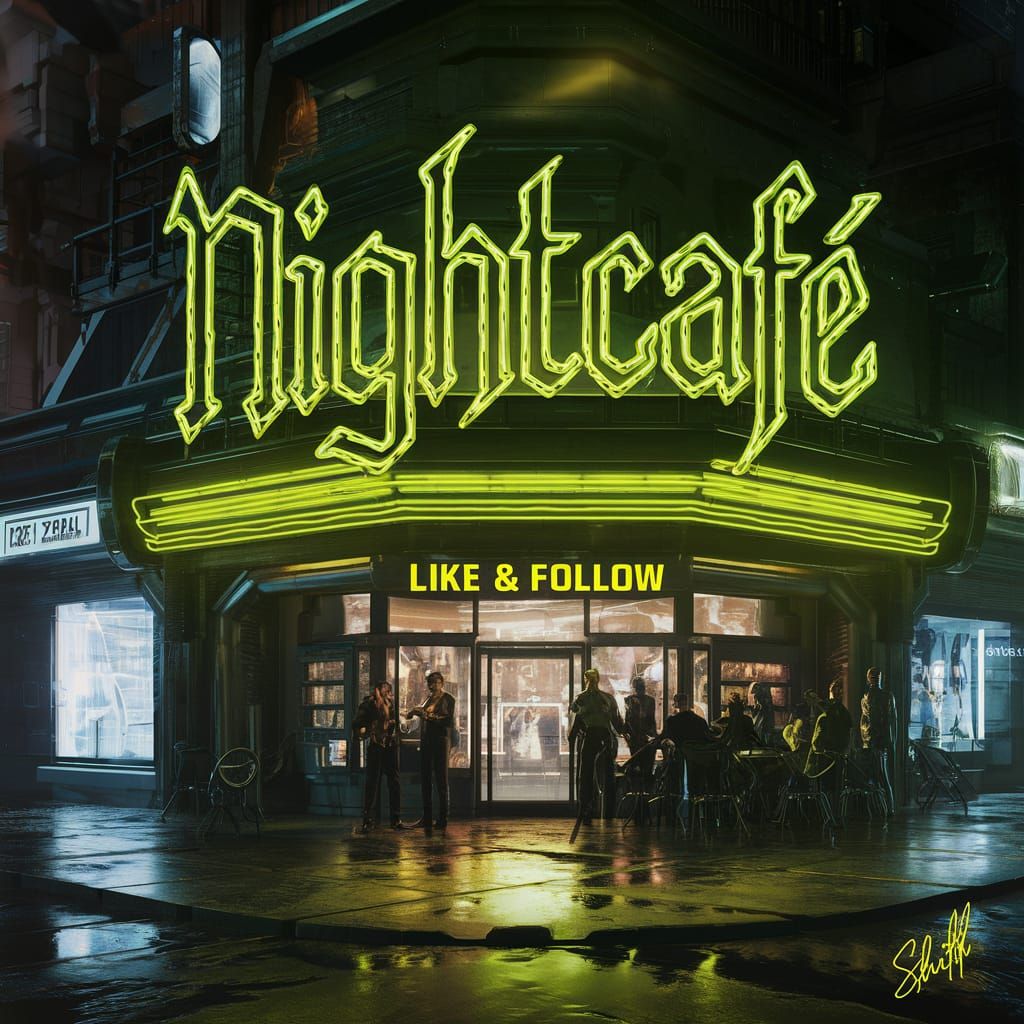 Futuristic NightCafé Scene with Glowing Neon Sign