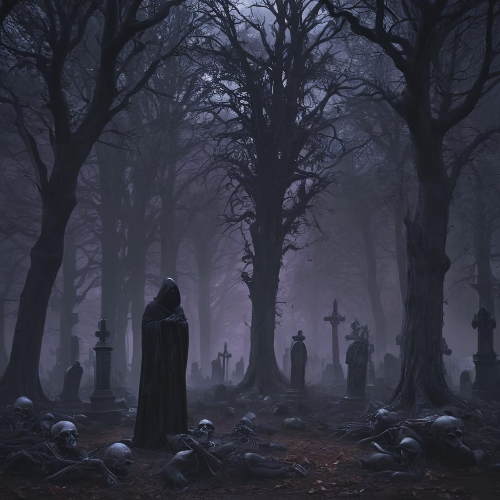 Grim Reaper in Cemetery with Hellhounds
