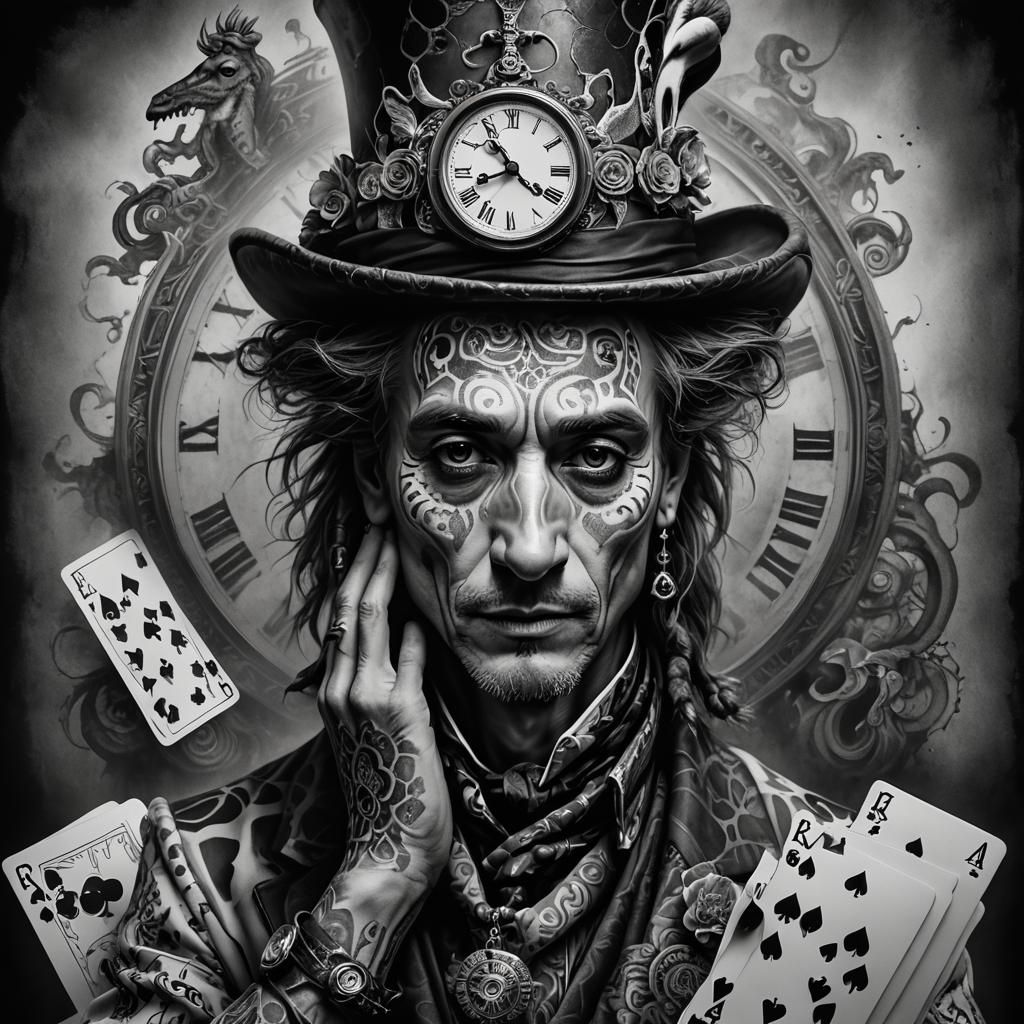 Meditative Tattoo Design with Unalome and Mad Hatter