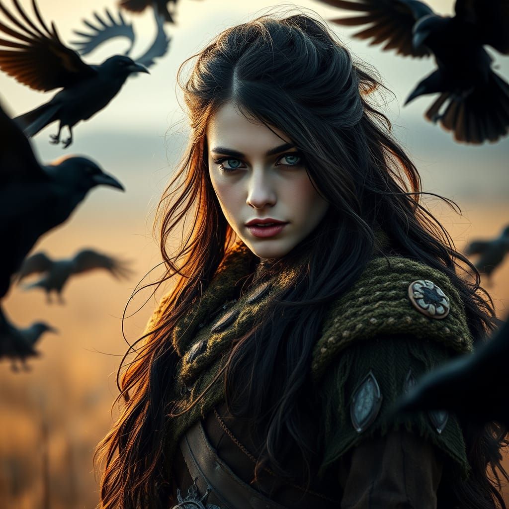 Nordic Warrior Woman in Earthy Tones, Surrounded by Wild Wes...