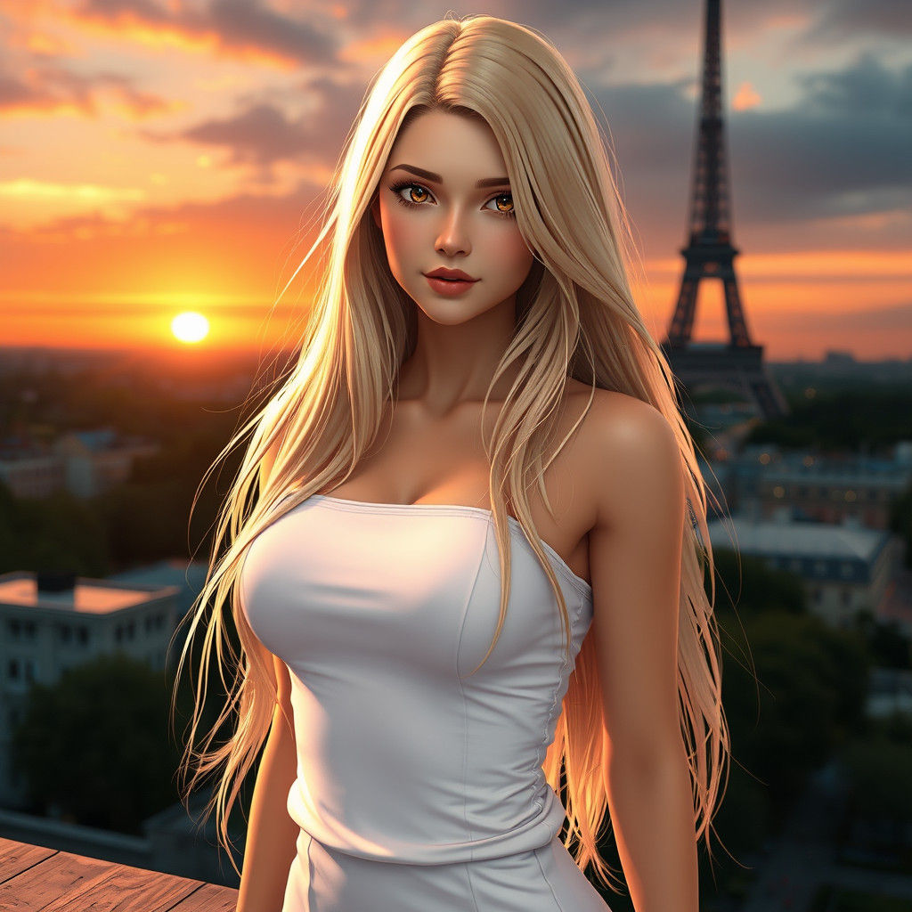 Blonde Woman with Eiffel Tower: 3D Anime Art