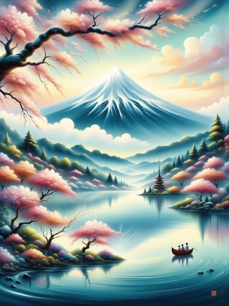 Surreal Japanese Woodblock Print with Mount Fuji and Cherry ...