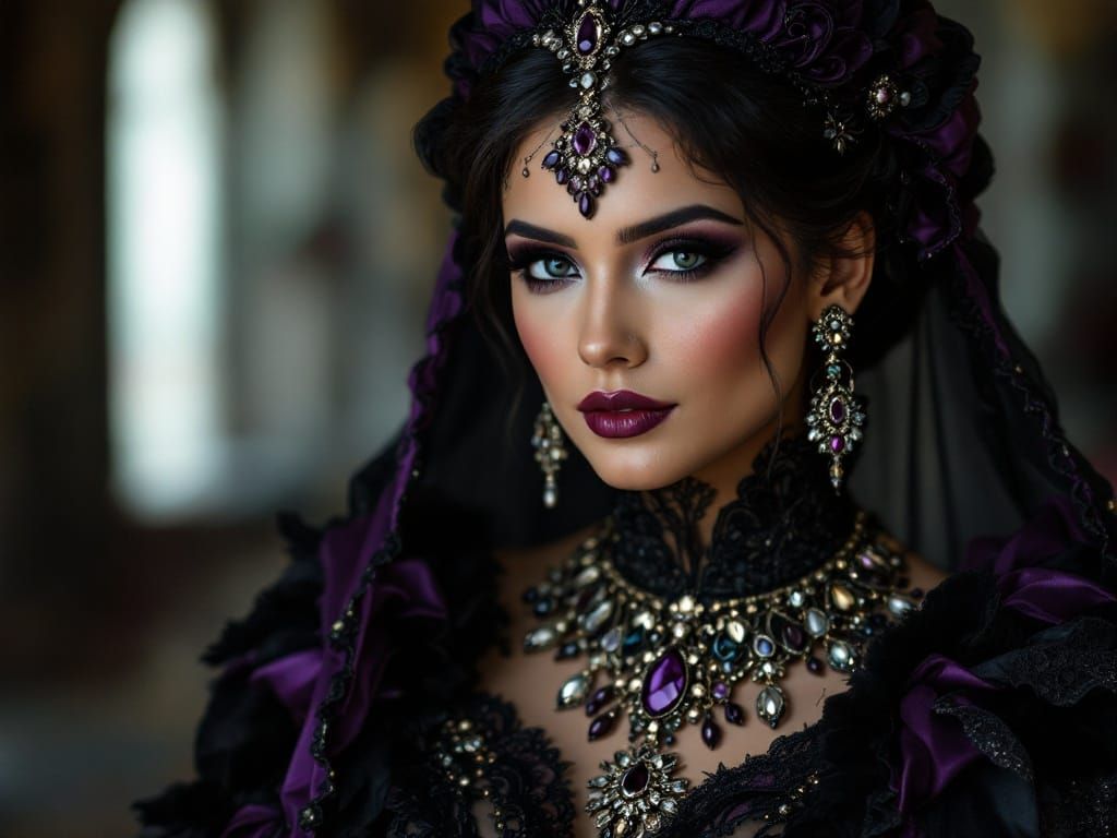 Elegant Black Wedding Dress with Lavish Purple Jewellery