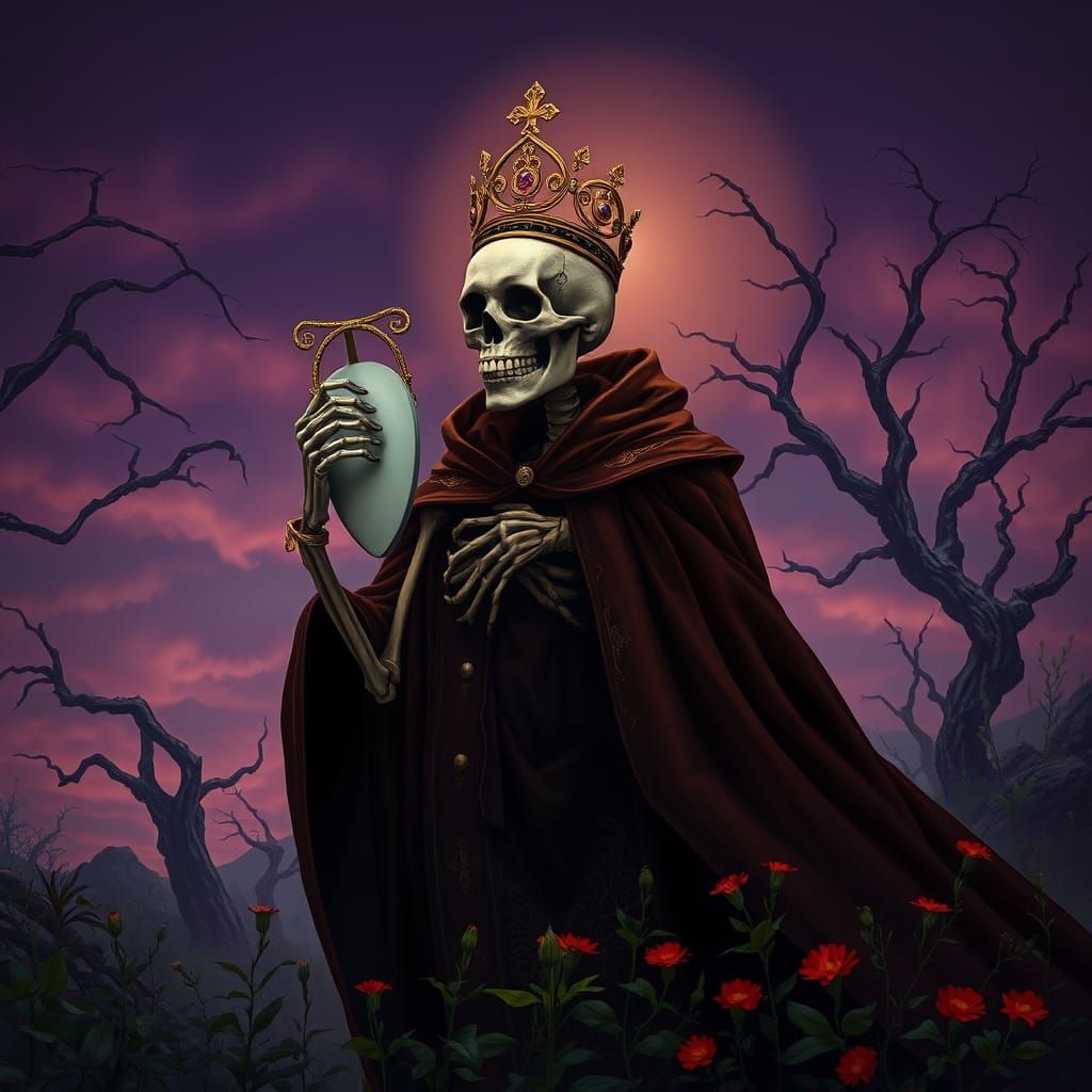 an image of a skeletal figure standing in a mystical landscape. The figure is draped in a flowing, dark brown robe that ...