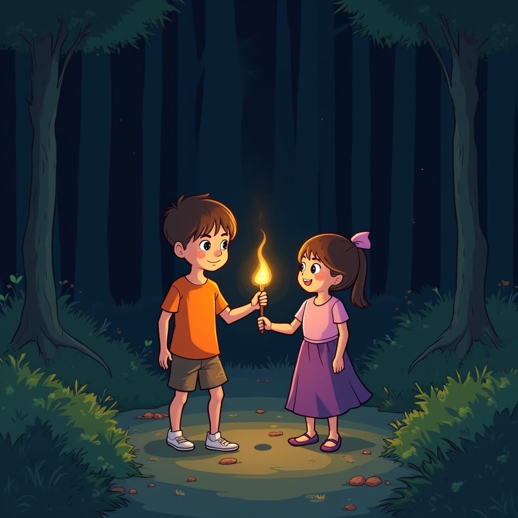 Siblings Explore Dark Forest in Vibrant Cartoon Style