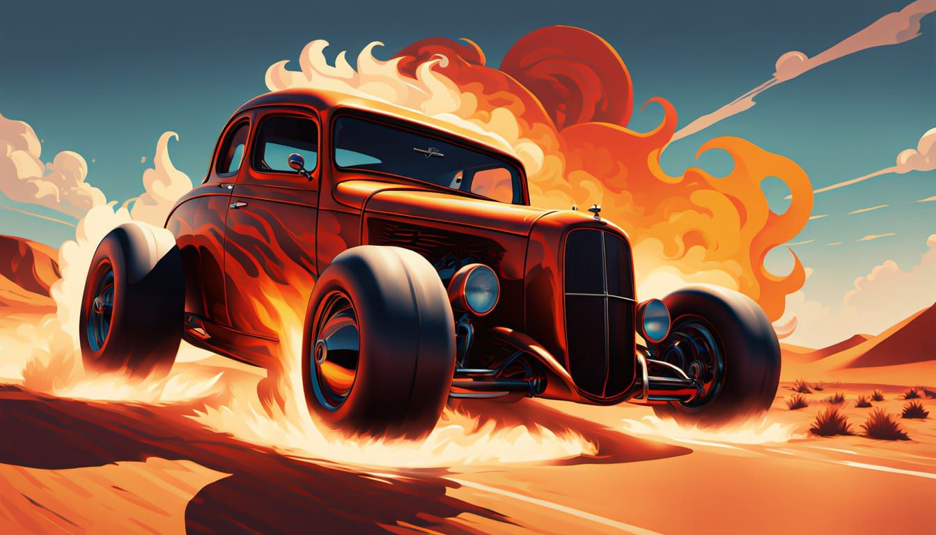Vibrant Desert Highway Hot Rod in Lowbrow Pop Surrealism Sty...
