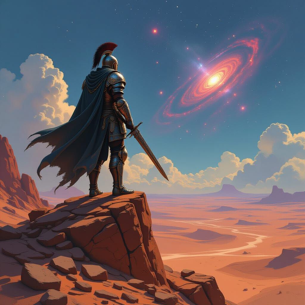 Warrior on Ruin Overlooking Alien Desert Under Twin Nebulae