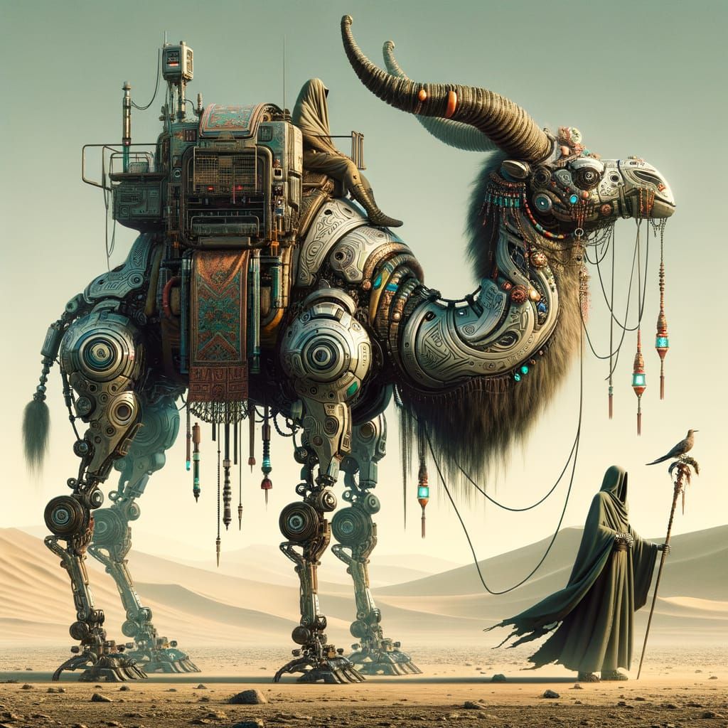 Cyberpunk Camel with Jewels in Desert