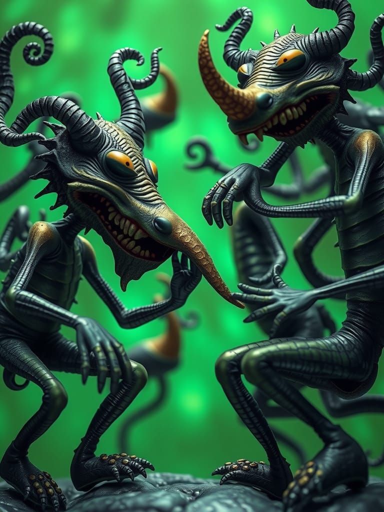 Joyful Figures Interact in Luminous Green Backdrop