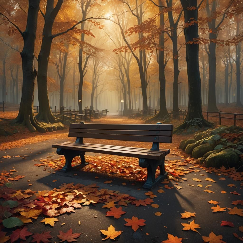 Autumnal Park Bench in Golden Forest Light