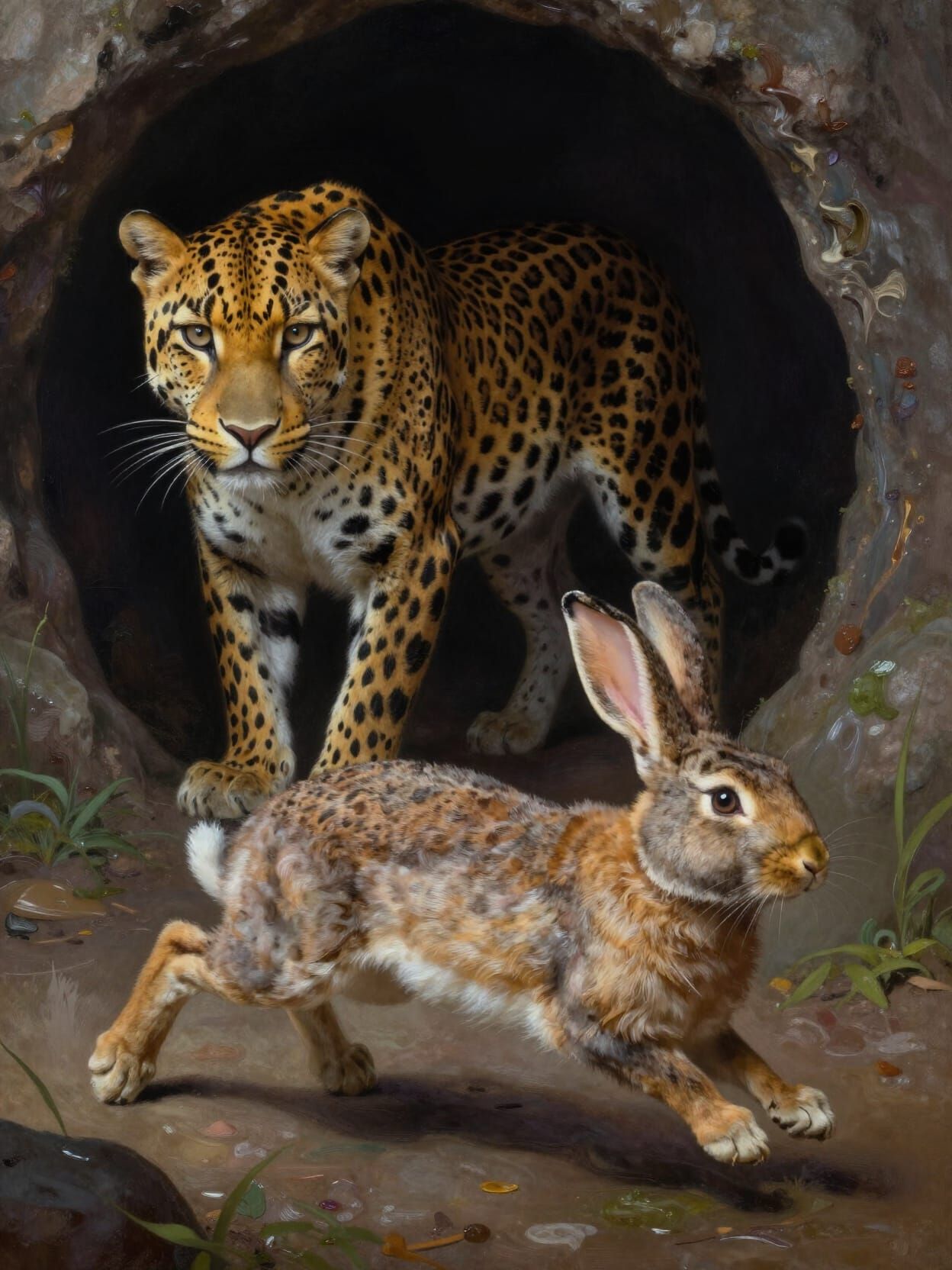 Leopard in Shadow, Rabbit Flees, Fantasy Matte Painting