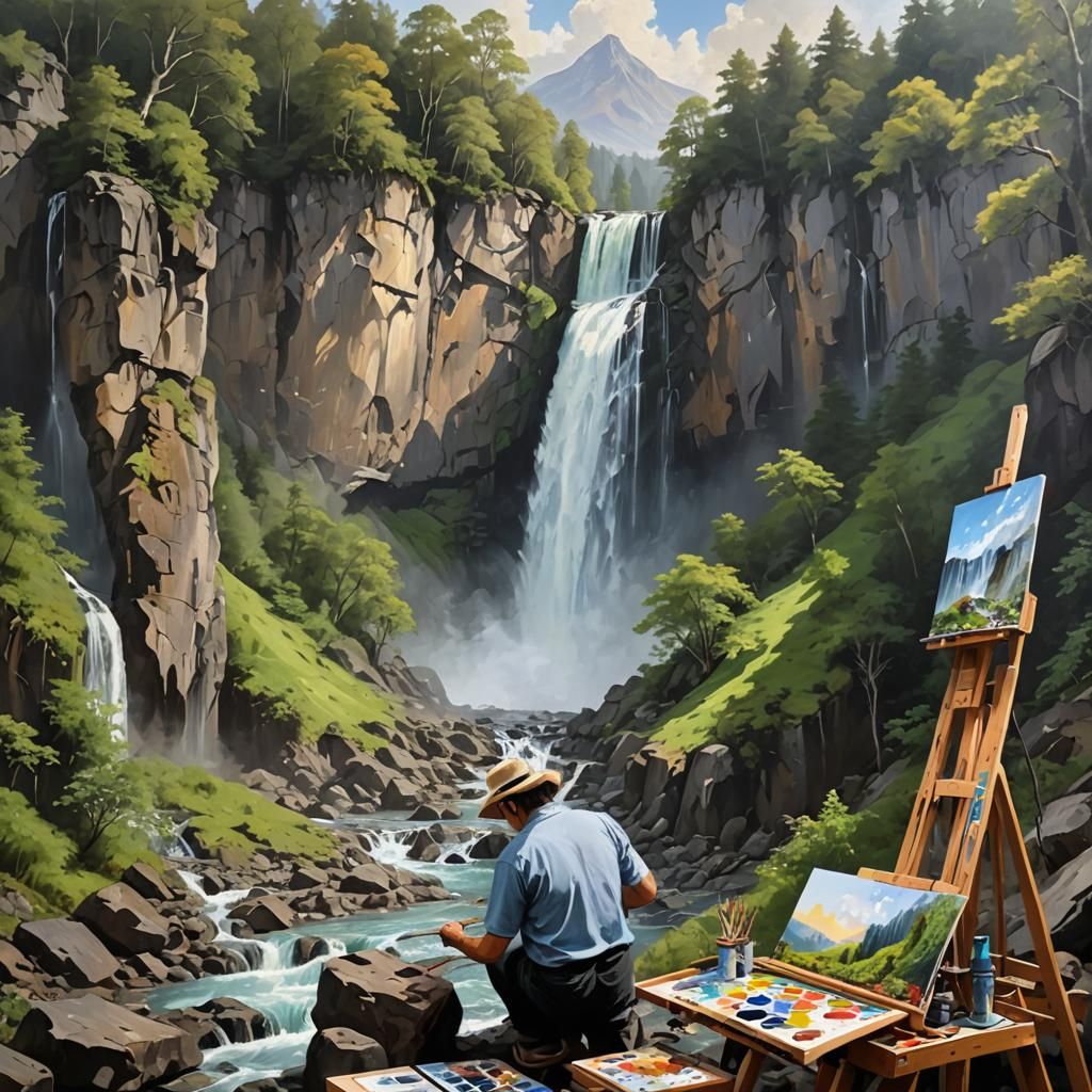 Painter Creating Waterfall Landscape Art
