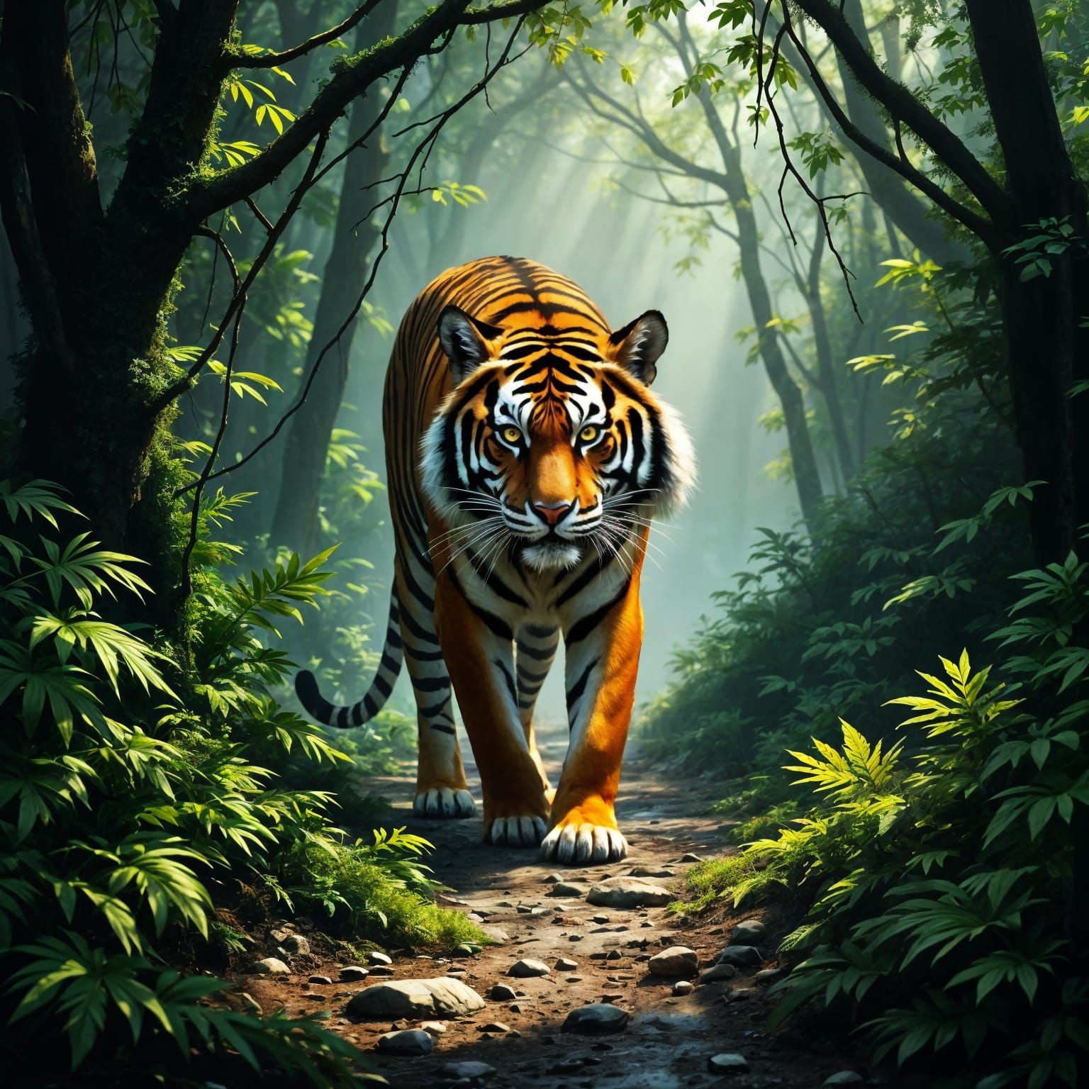 Spectral Bengal Tiger Embarks on Stealthy Jungle Hunt