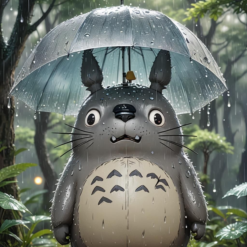 Totoro in Rainy Forest: Anime Art Portrait