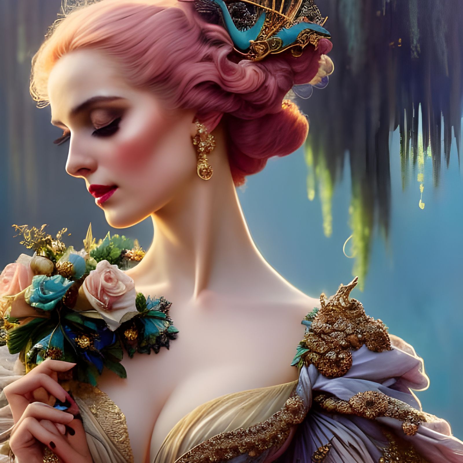 Gorgeous Woman in Turquoise Dress, Rococo Style