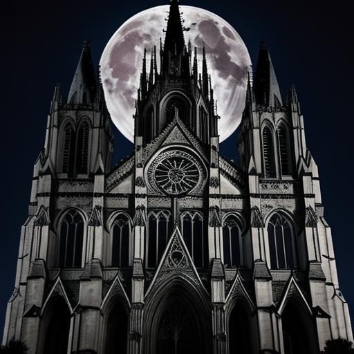 Raygun Gothic cathedral under moonlight.