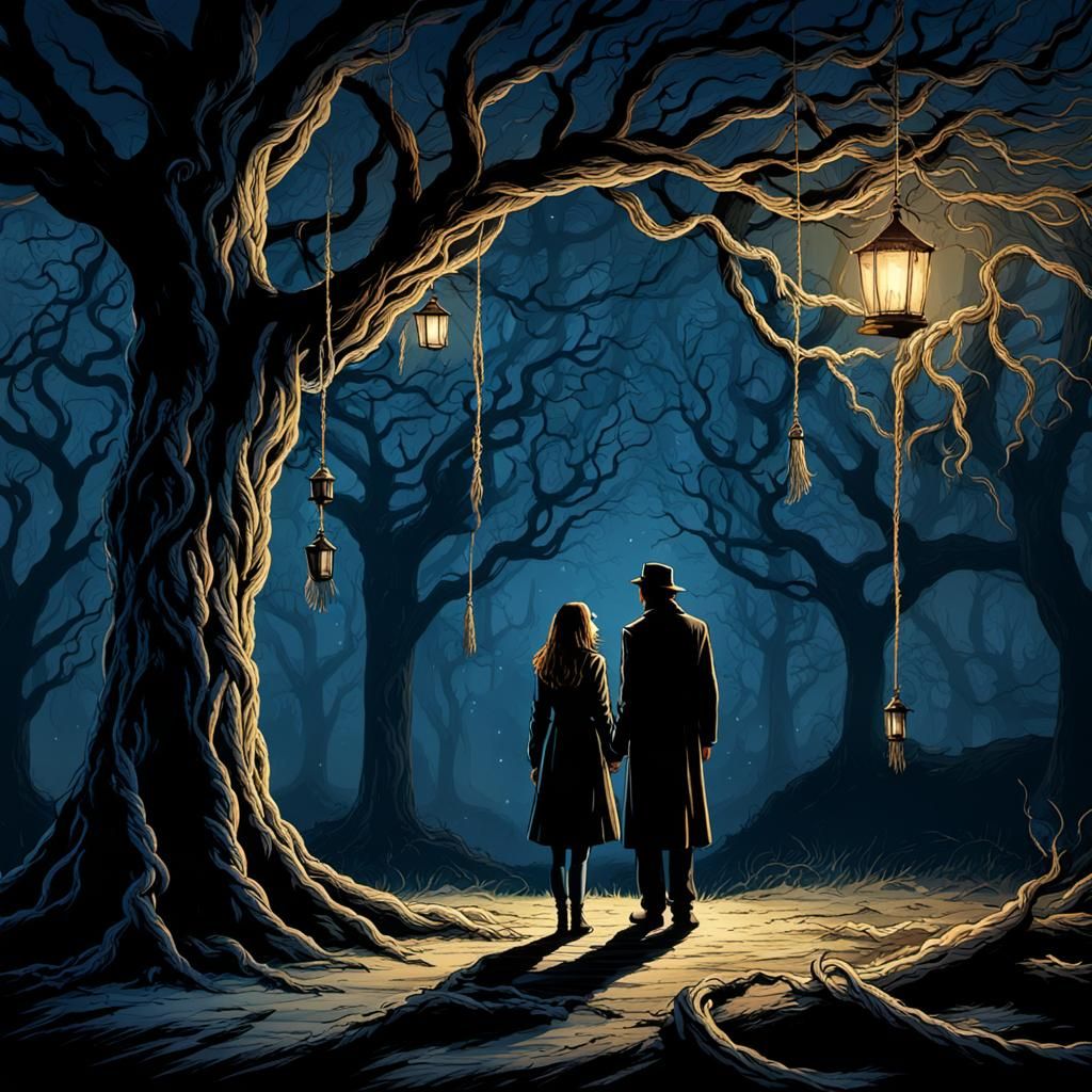 Midnight Hanging Tree with Figures in Silhouette