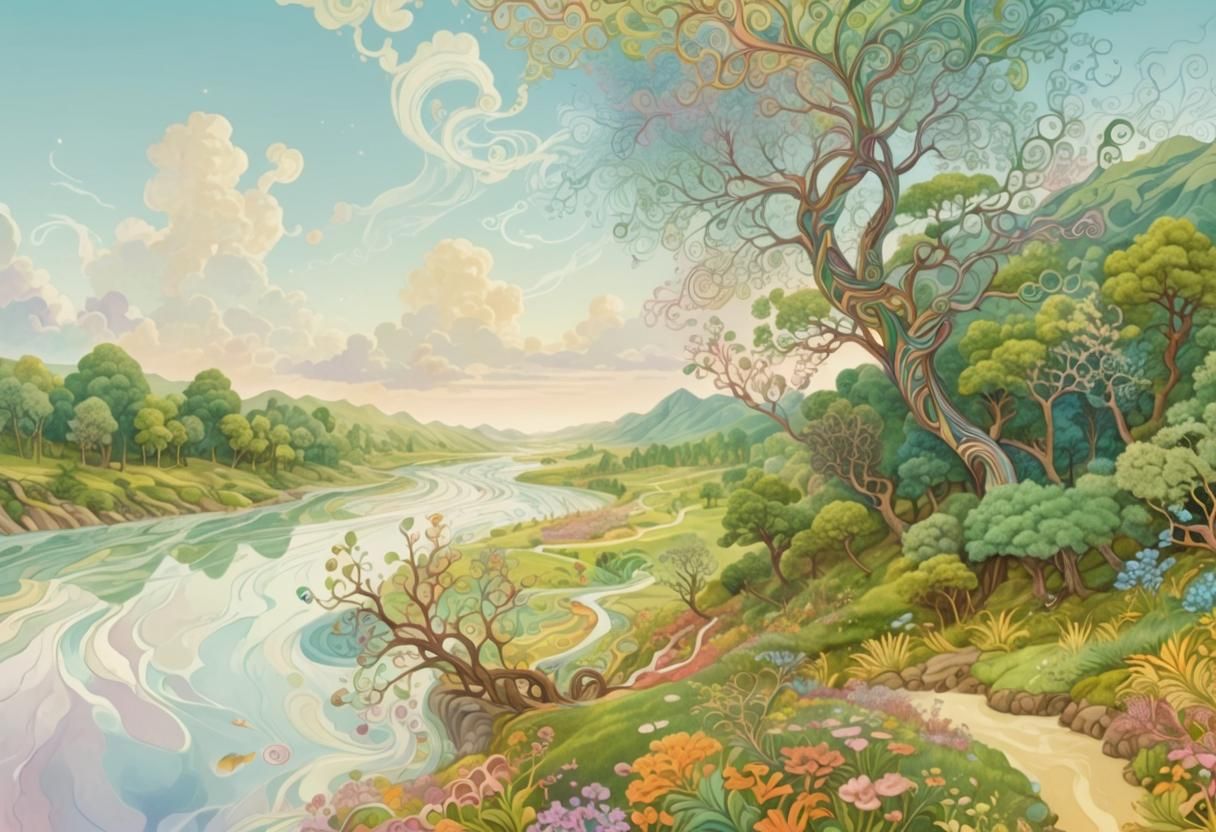 Surreal River Valley in Abstract Expressionism Style