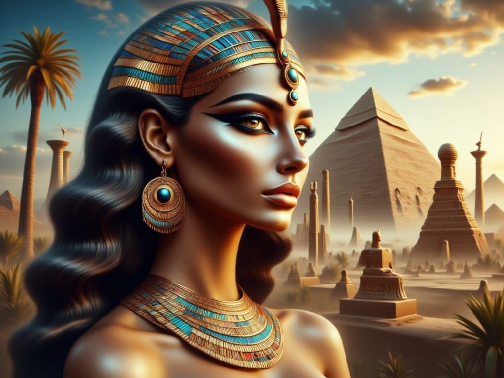 Regal Egyptian Queen With Sci-Fi Circuitry Headdress