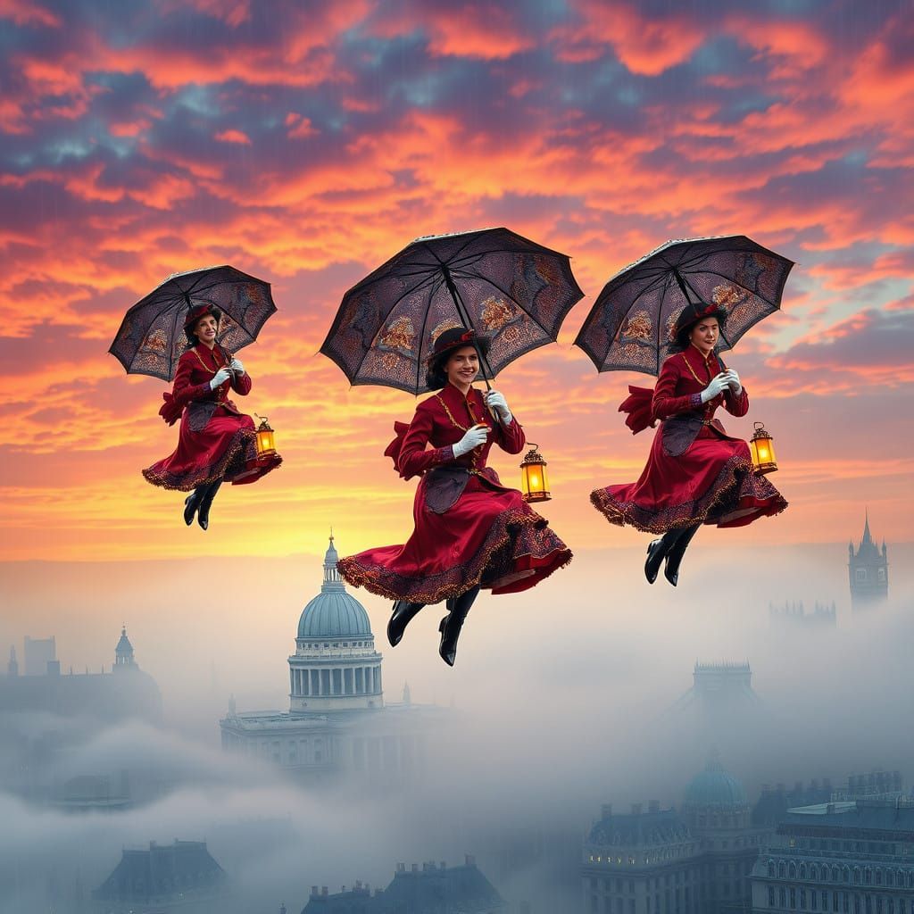 Victorian Mary Poppins Soar Above London in a Hyperrealistic...