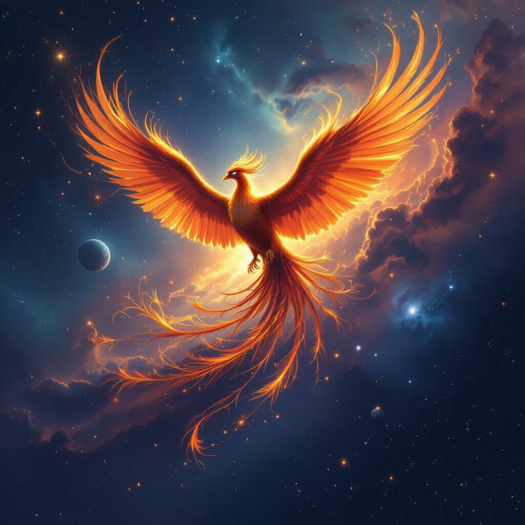 Phoenix Soaring Through Cosmic Nebula