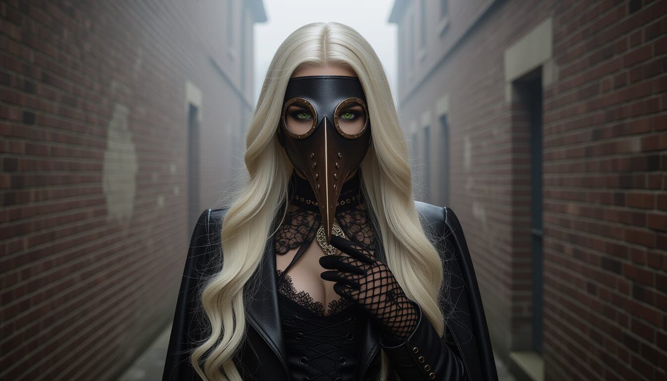 Gothic Woman in Plague Mask, Lantern in Foggy Alley