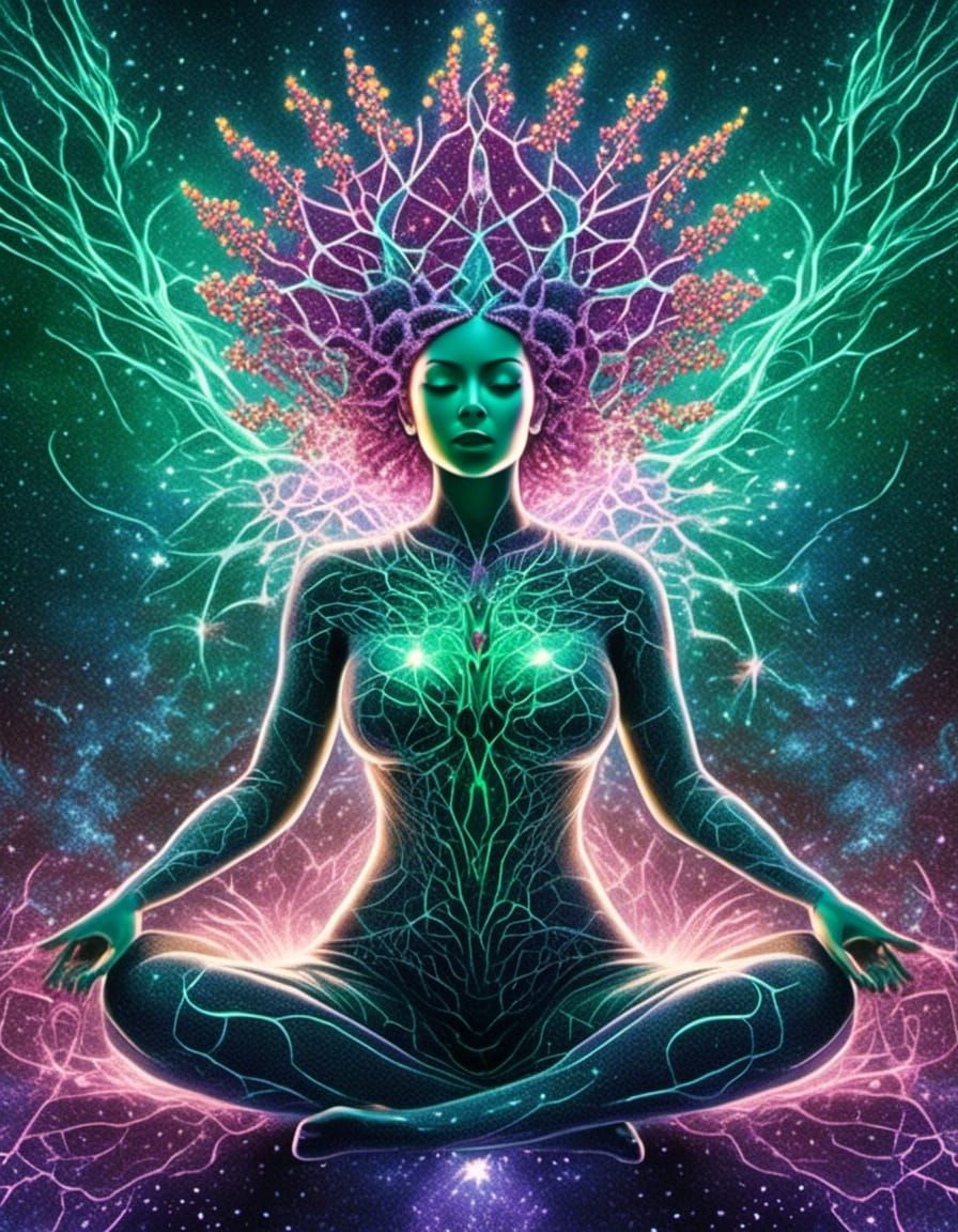 Holographic Neurons in Meditative Female Figure