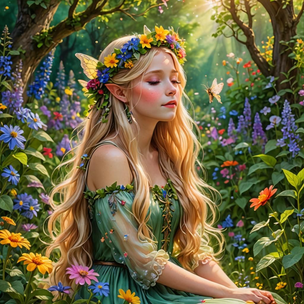 Enchanted Fairy in a Vibrant Flower Garden