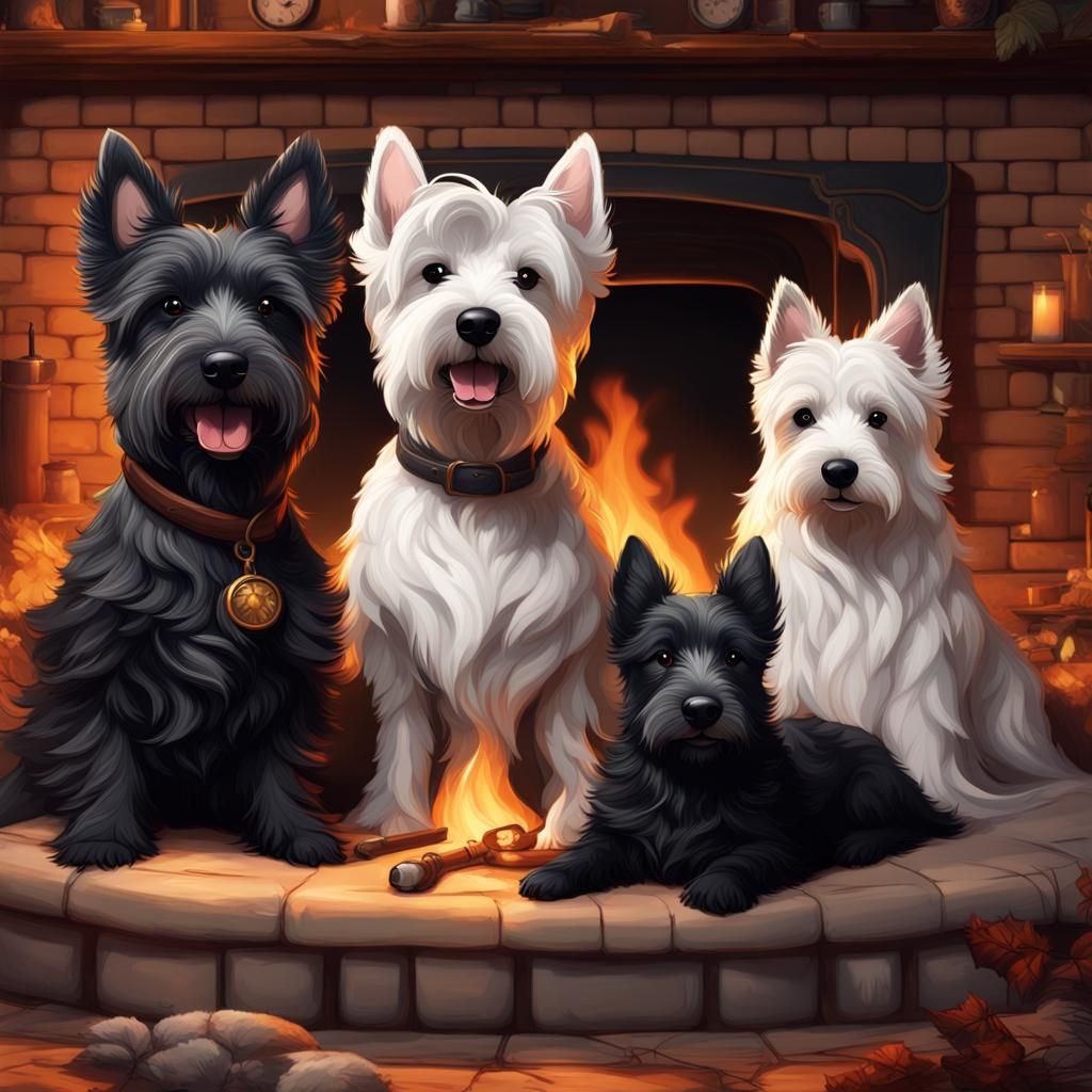 Anime Style Terriers Snuggled by Fireplace