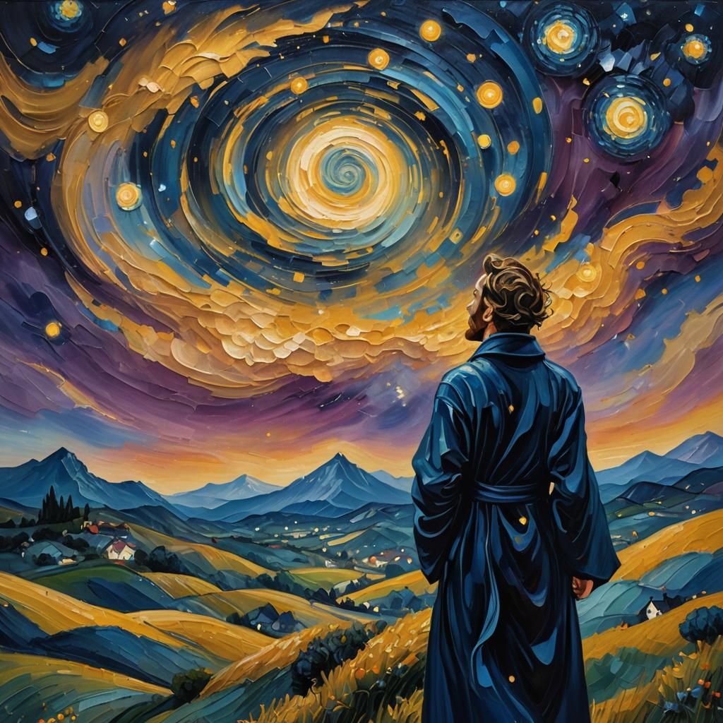 Starry Night: Impasto Oil Painting of Hilltop Figure