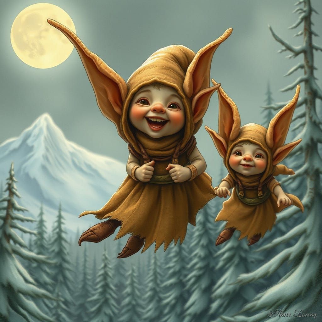 Mischievous Goblin Flight under Moonlit Snow