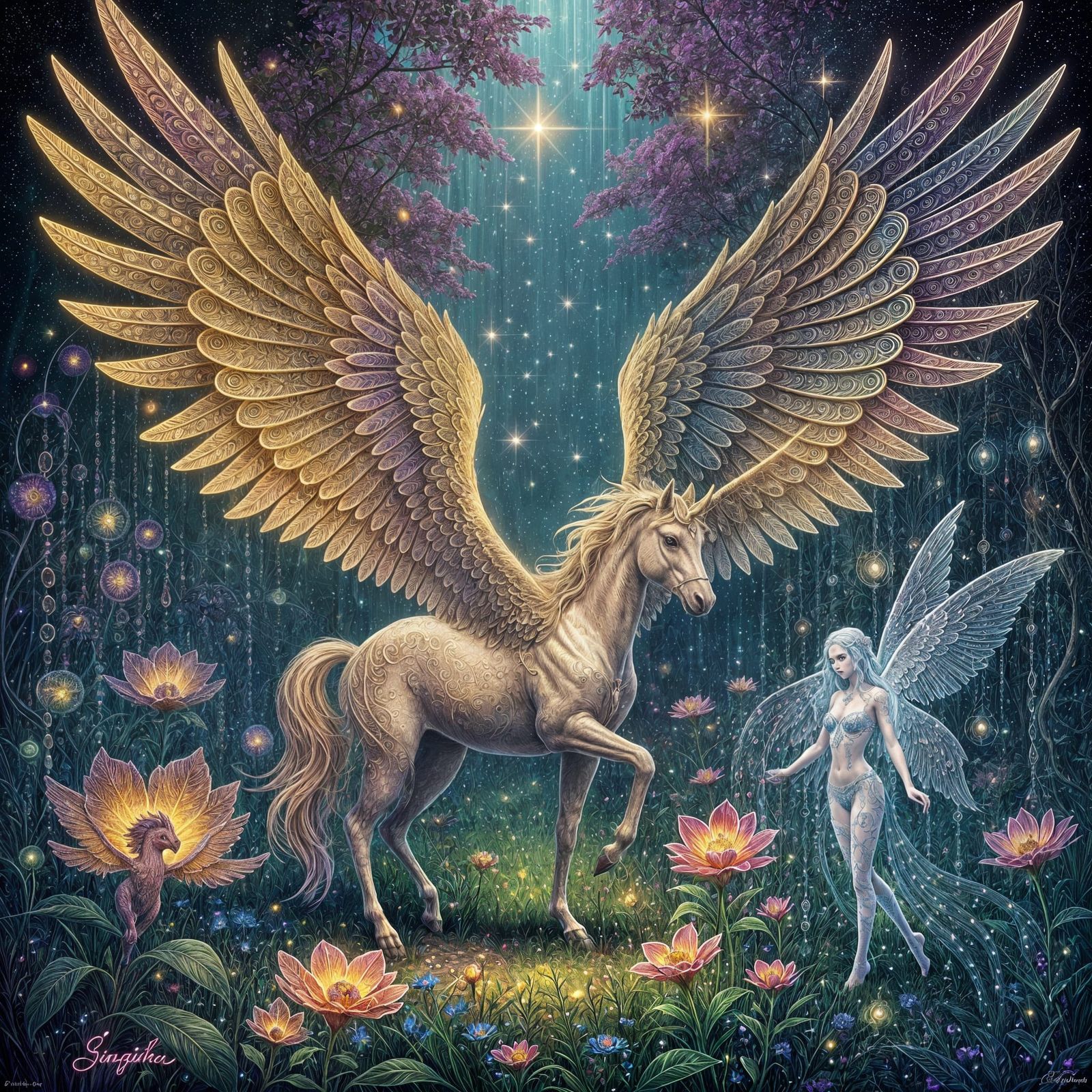 Elegant Unicorn with Binary Pegasus Wings in Enchanted Meado...
