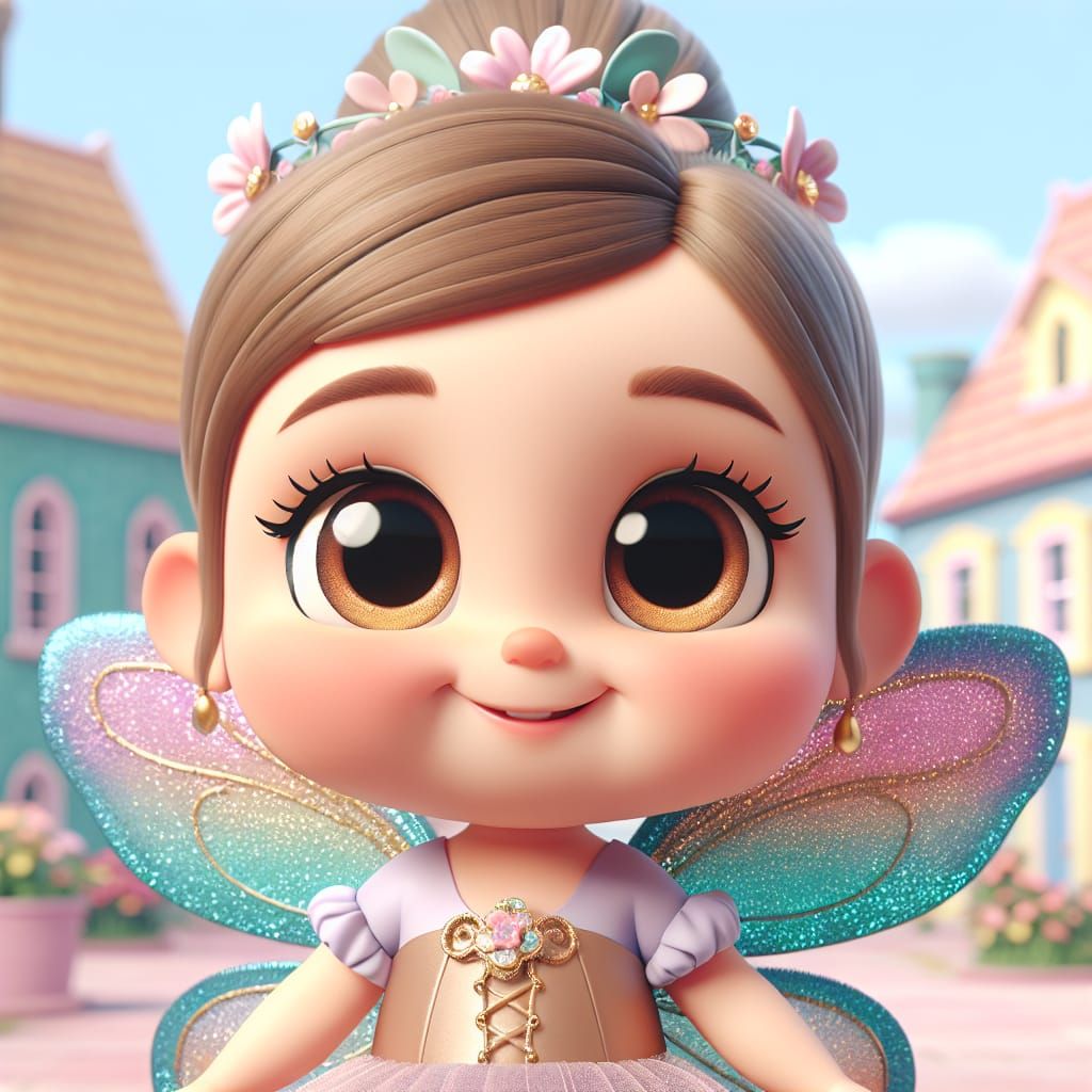 Full body image of a Disney Pixar style 3D adorable little toddler girl, big sweet eyes, round cheeks, happy face, with ...