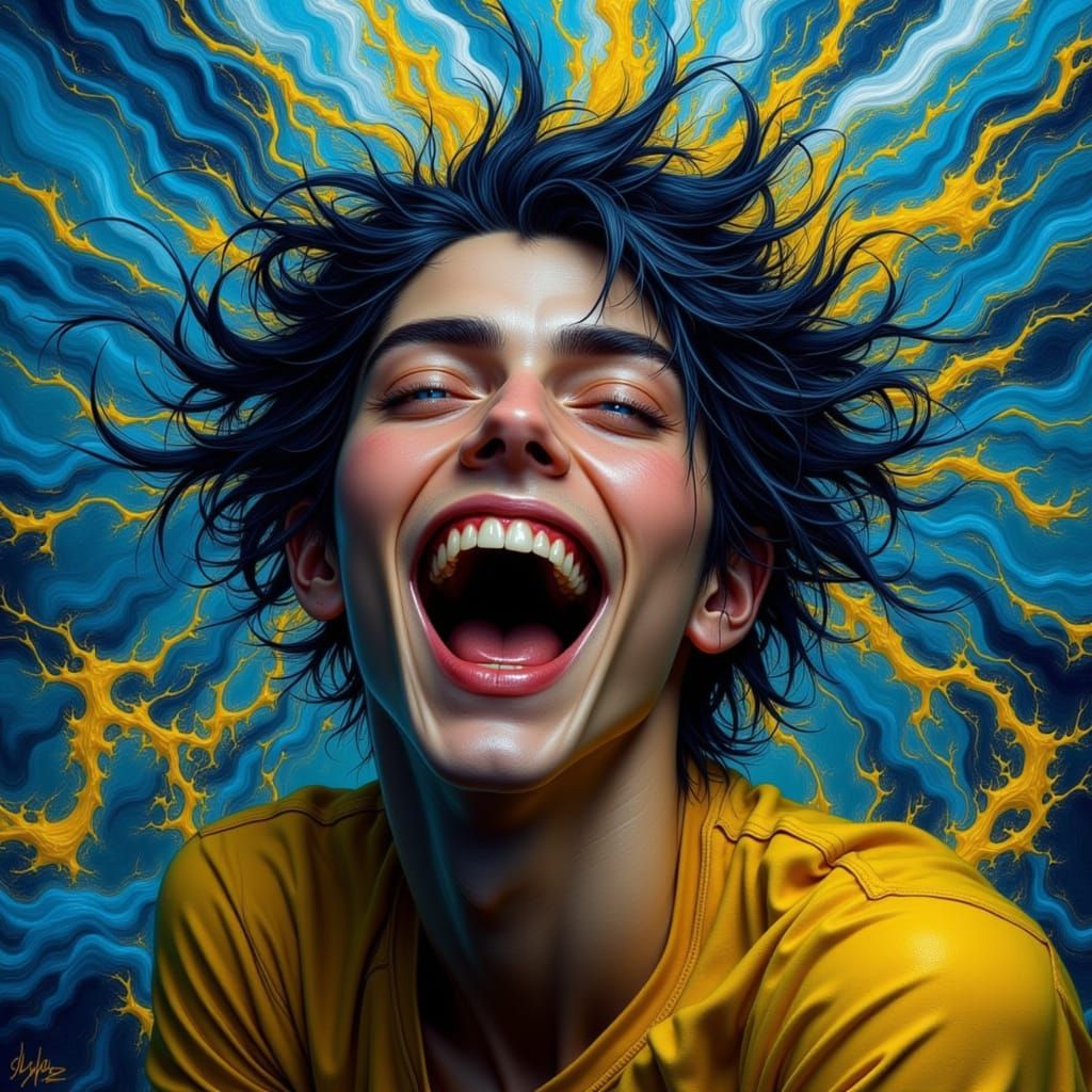 Unhinged Woman Laughing Amidst Swirling Colors