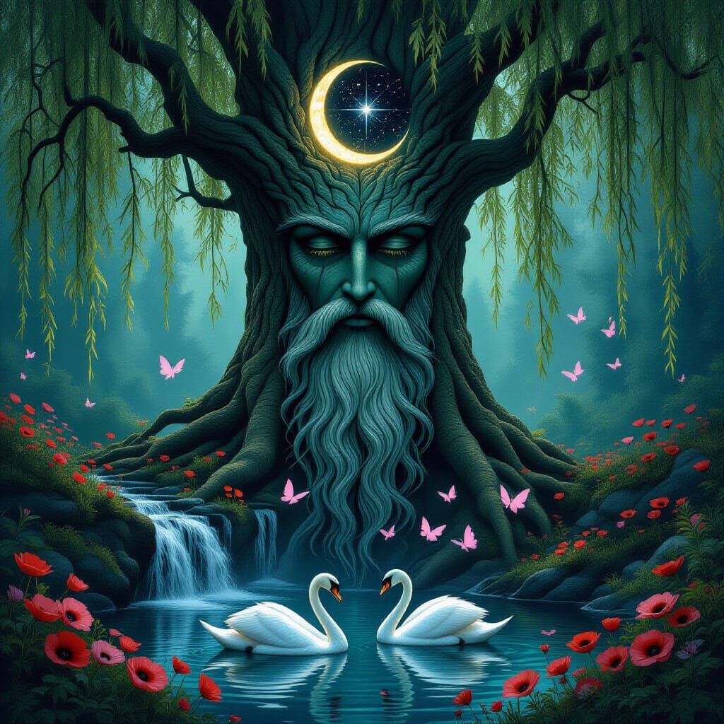 Enchanted Forest Willow Tree with Fairy Swarm