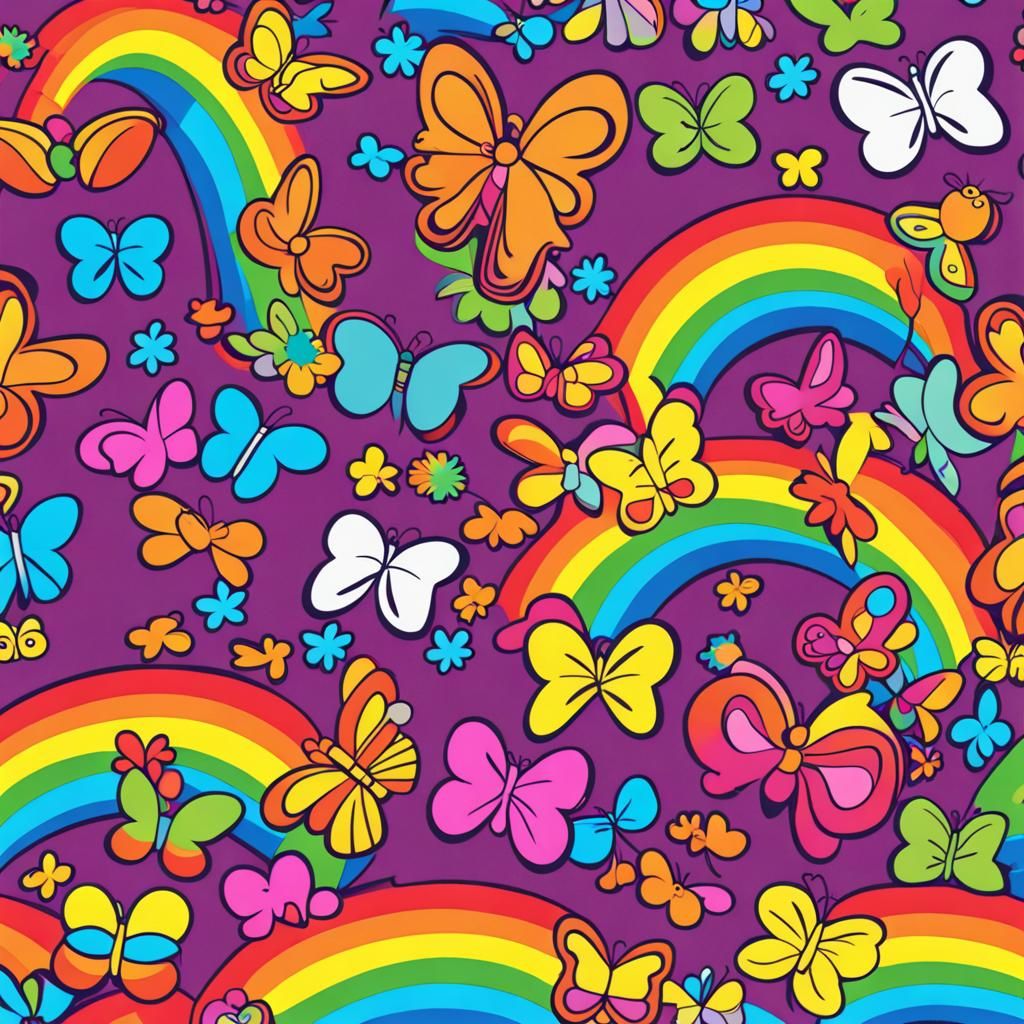 Colorful Hippie Cartoon with Rainbows and Butterflies