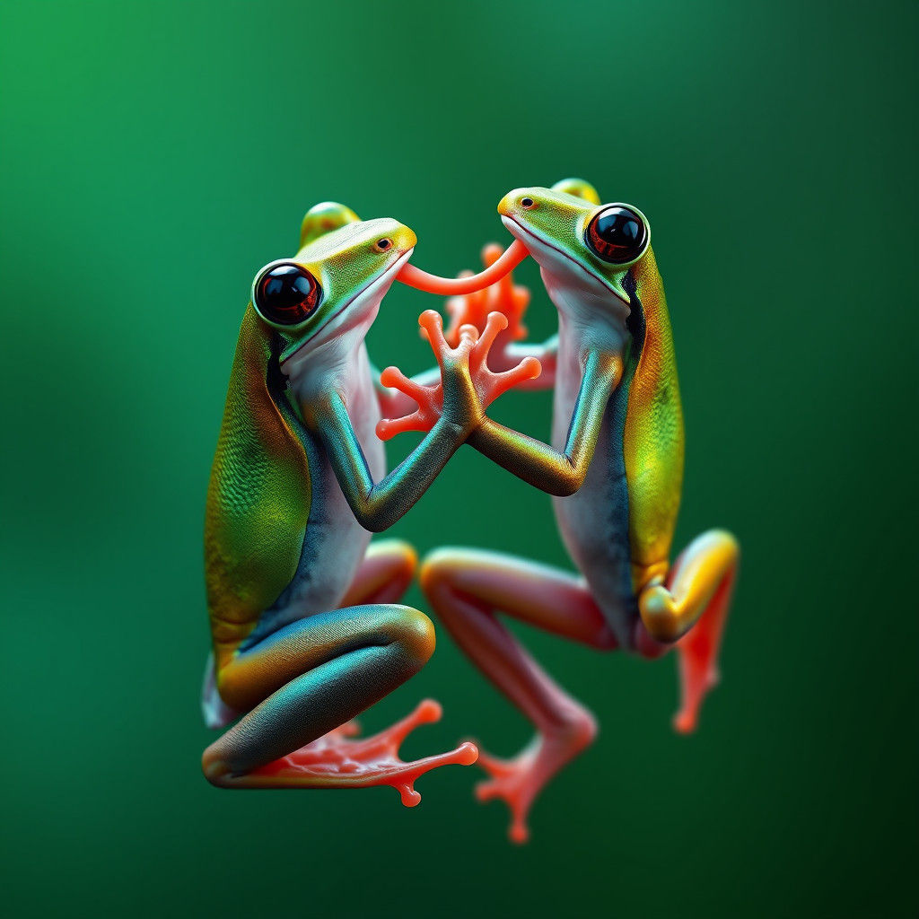 Iridescent Frogs in Surreal Dance, Hyperrealistic Image