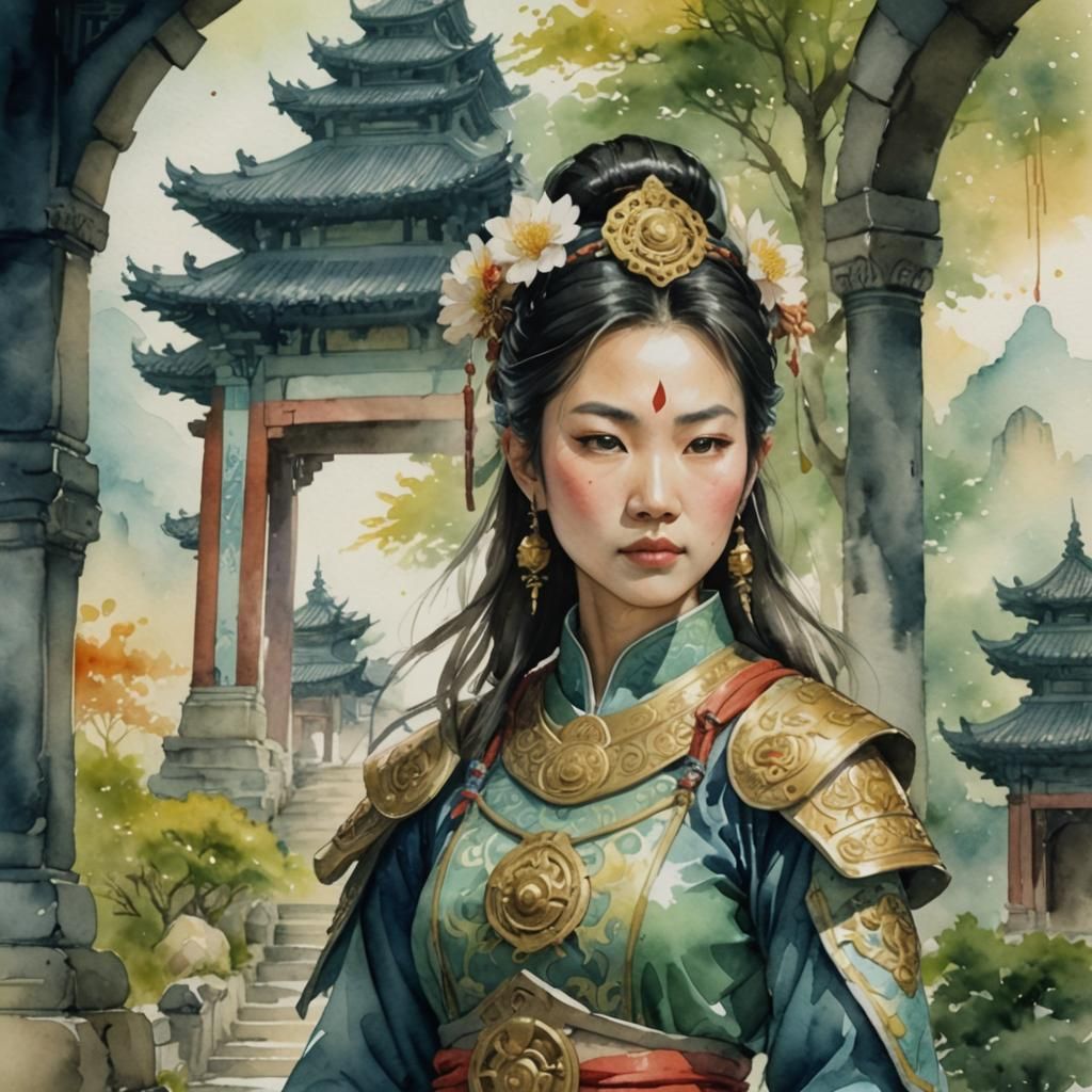 Asian Woman Warrior Cleric in Temple: Watercolor Portrait