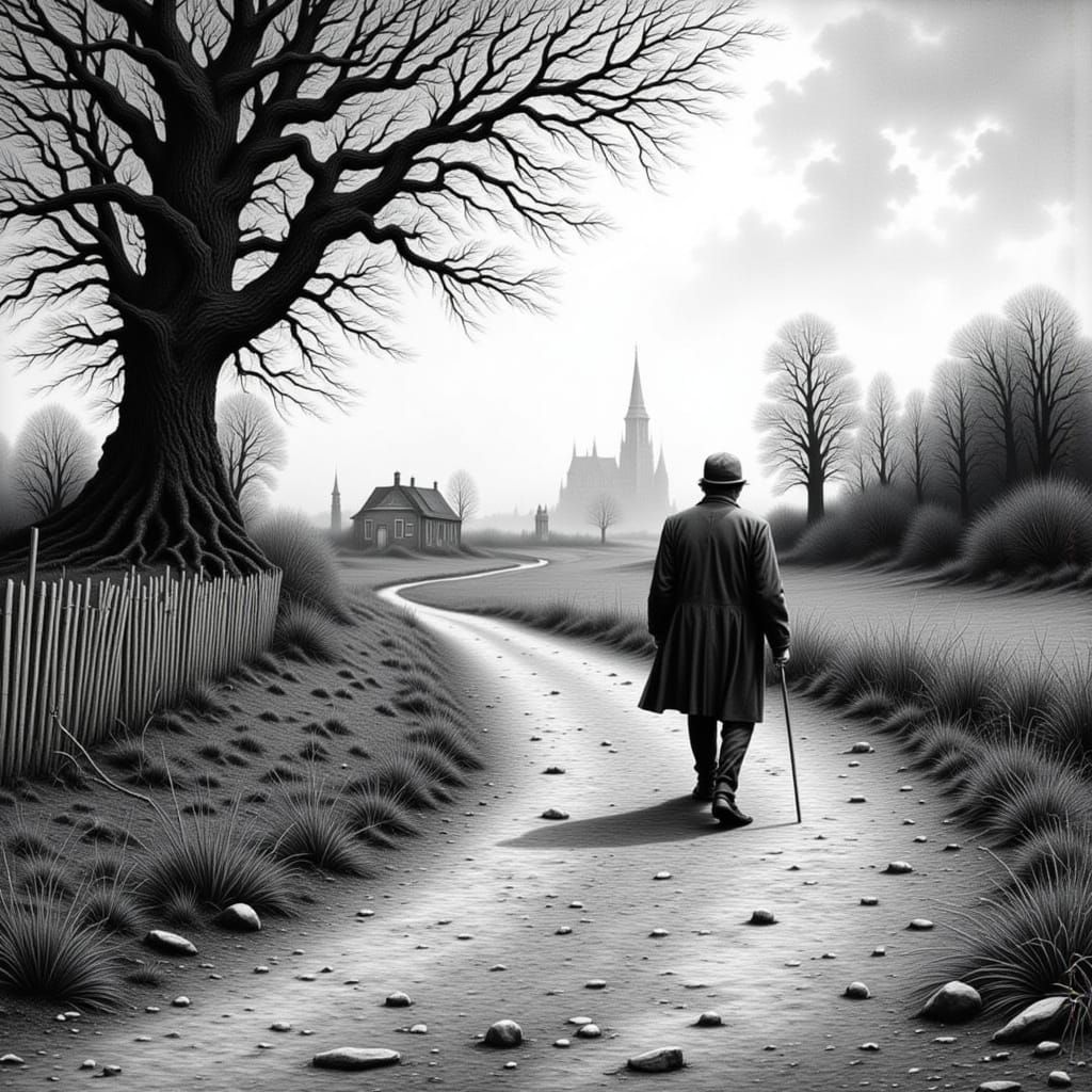 Old Man Walks Down Country Road in Graphite Style