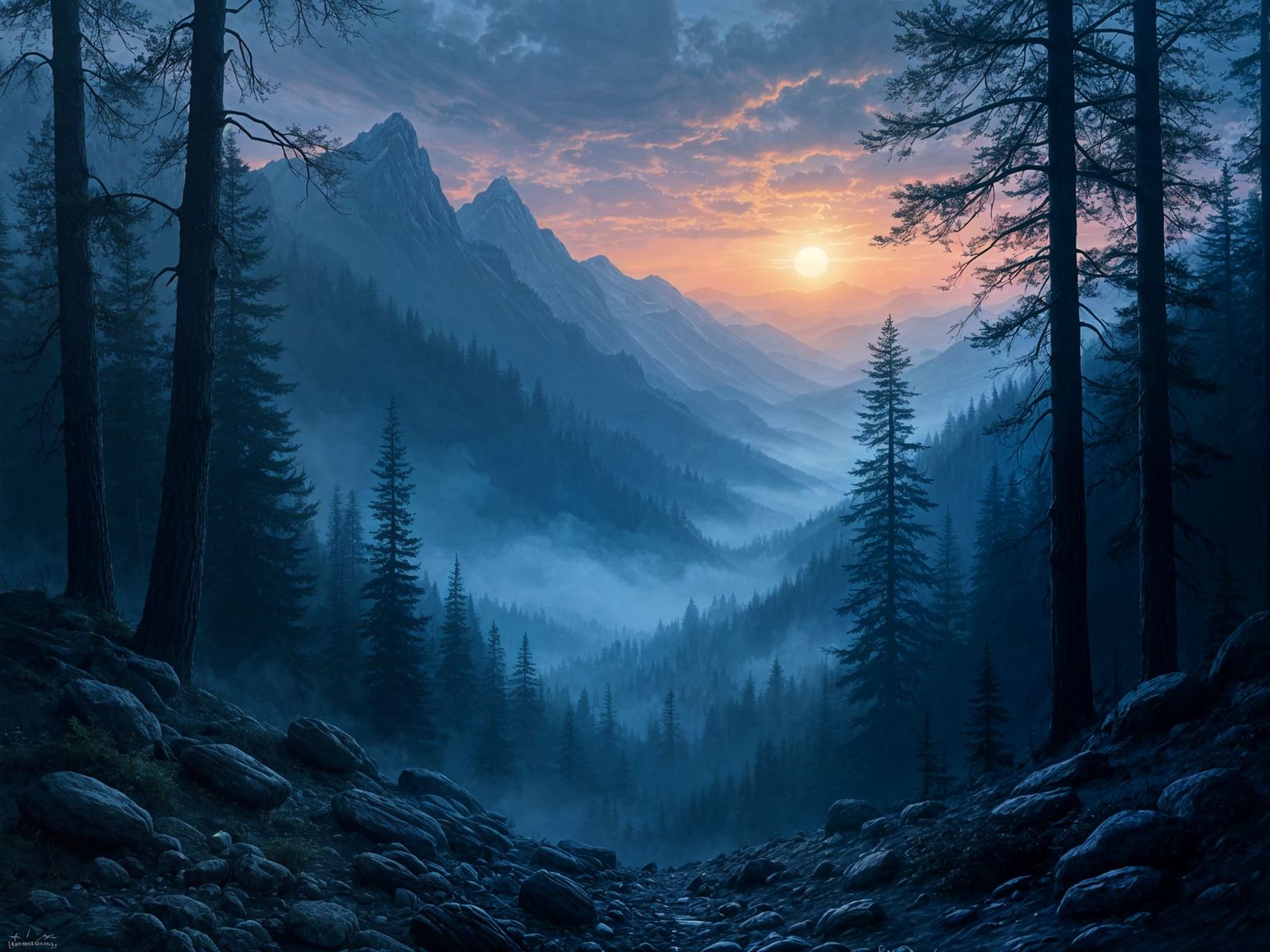 Dreamy Mountain Forest Landscape in Romantic Style