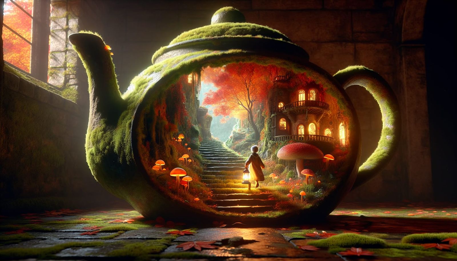 Mystical Teapot World: Person with Lantern on Autumn Path
