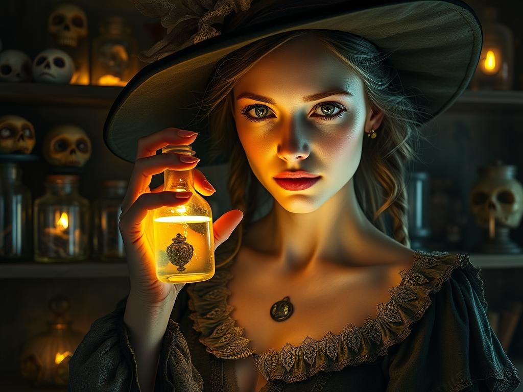 Ethereal Witch with Glowing Vial in Baroque Style